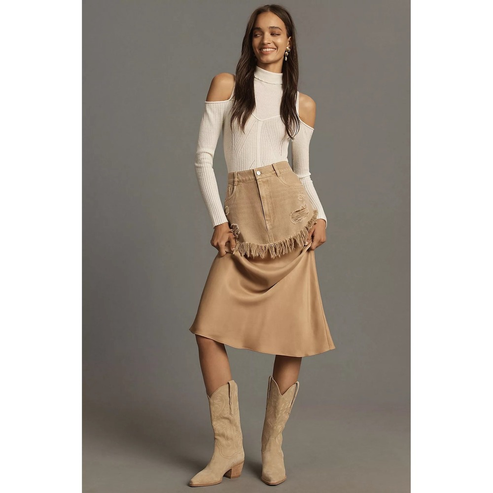 Pilcro Distressed Denim‎ Slip Skirt Tan Size 6 Anthropologie Boho Western Fall